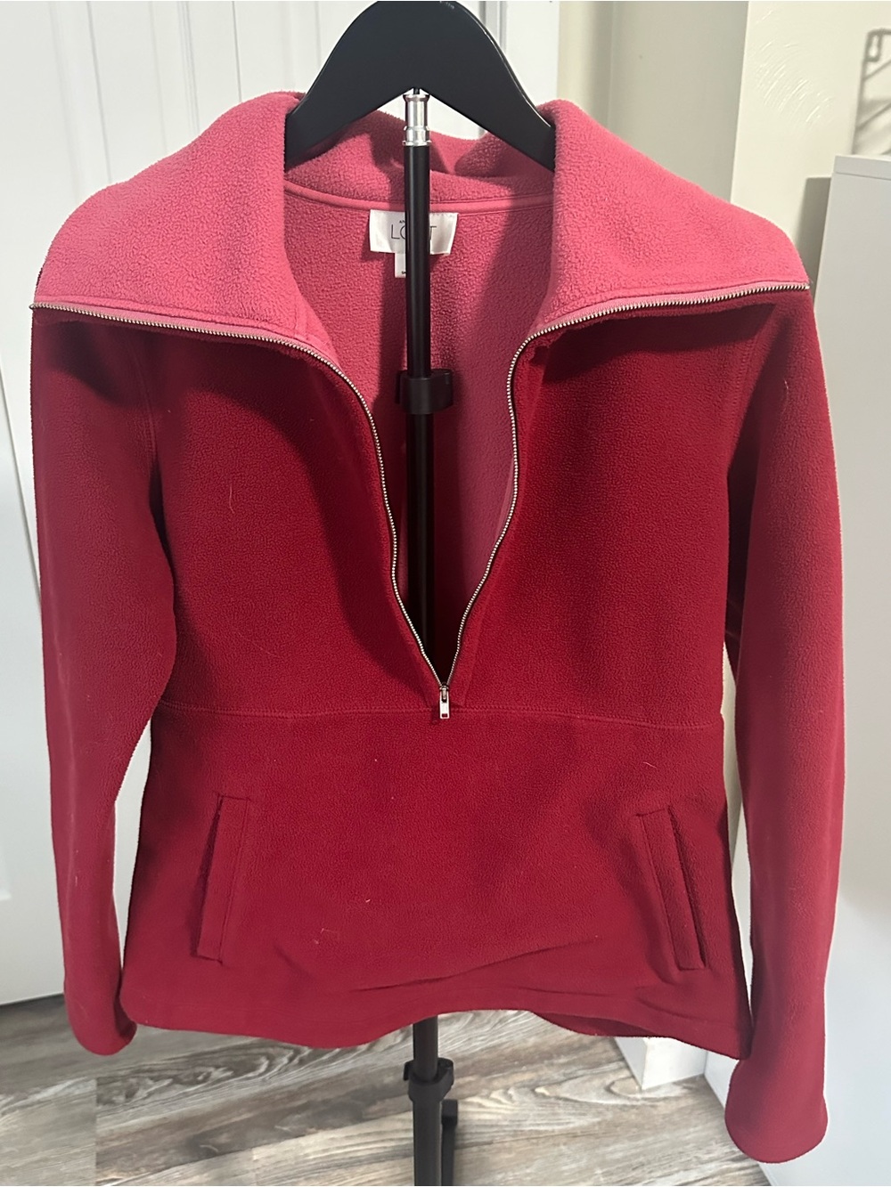 LOFT Two-Tone Red and Pink Teddy Fleece Zip Pullover